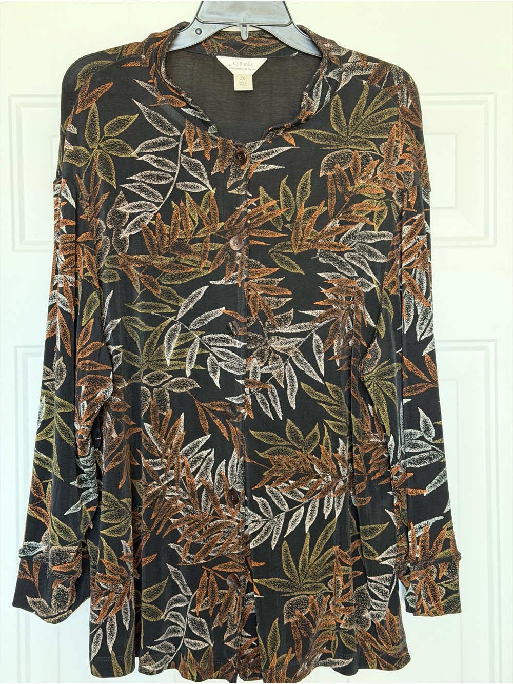 C.J. Banks~Earthy~Leaf Print~Button Closure~Long Sleeve~Stretchy~Blouse~Size 2X